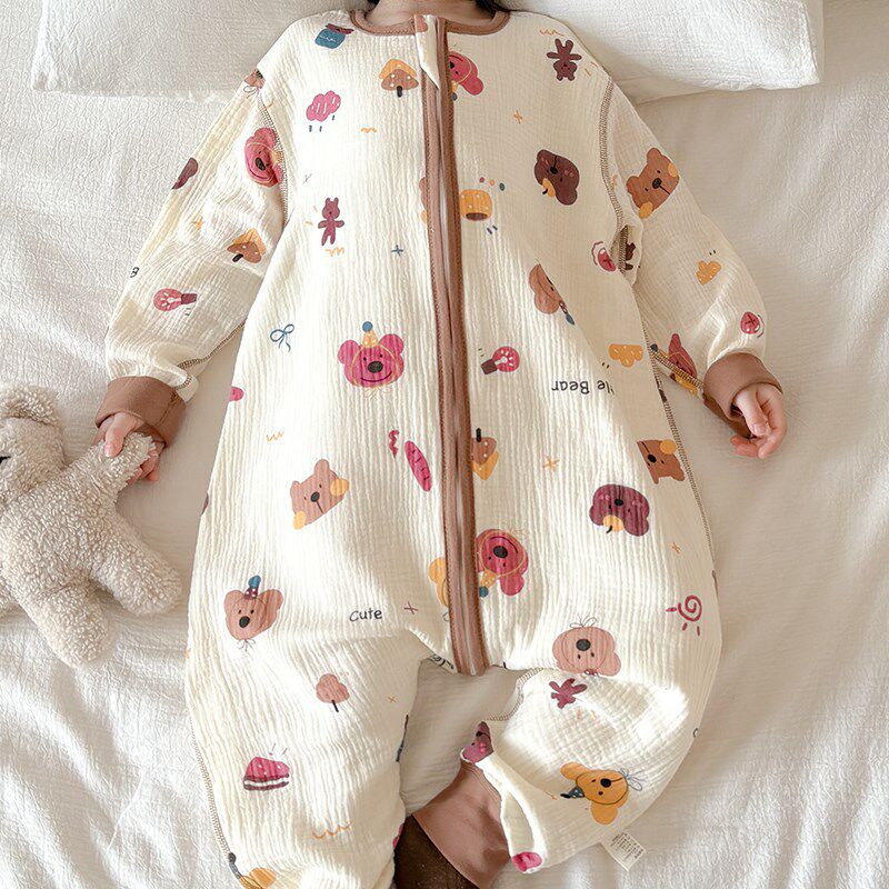 儿童睡袋纯棉纱布春秋宝宝家居服男童女童长袖空调服婴儿连体衣