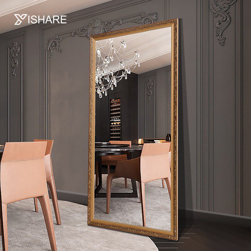 YISHARE 穿衣镜实木全身镜 壁挂欧式试衣镜 落地带支架服装店镜子