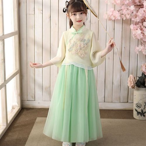 女童汉服两件套大童唐装女古风夏款女款儿童古装高级女孩夏季短袖