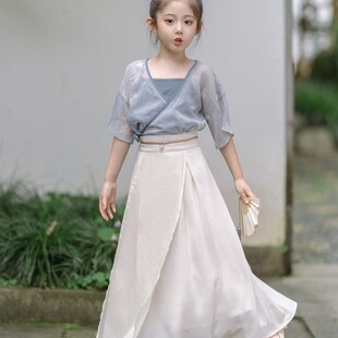 夏季女童汉服短袖中国风复古中小童宋制简约套装新中式国风温柔