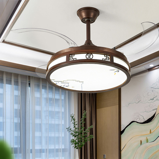新中式 胡桃木色客厅餐厅吊灯 隐形风扇灯实木LED灯具2022年新款