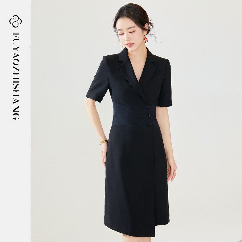 FUYAO扶摇 夏季女装连衣裙高级感黑色拼接西装裙新中式工作服裙子
