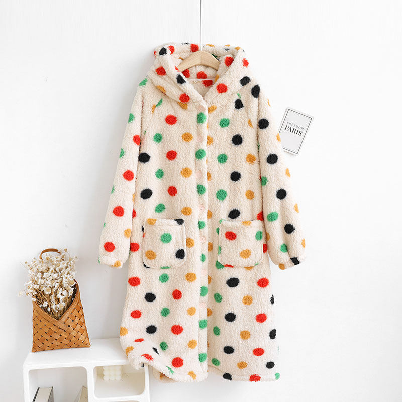 彩色圆点睡袍女珊瑚绒秋冬季保暖加厚浴袍法兰绒家居服睡衣睡裙子