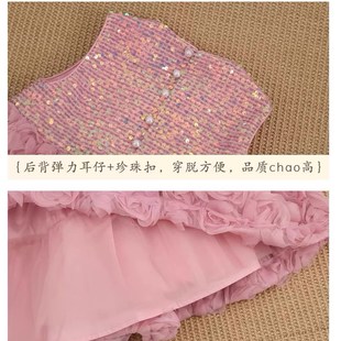 女童轻奢立体玫瑰花连衣裙甜美背心蓬蓬公主裙周岁礼服裙女宝花童