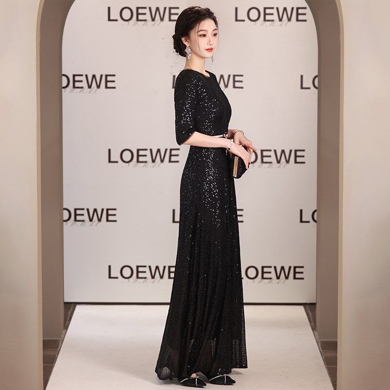 黑色大合唱团演出女主持指挥服钢琴演奏艺考表演成人晚礼服装长裙