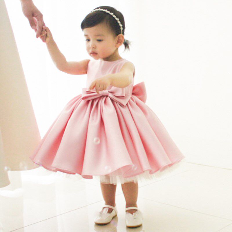 女童高定小礼服缎面花童婚礼洋气蓬蓬裙儿童周岁宴宝宝生日公主裙