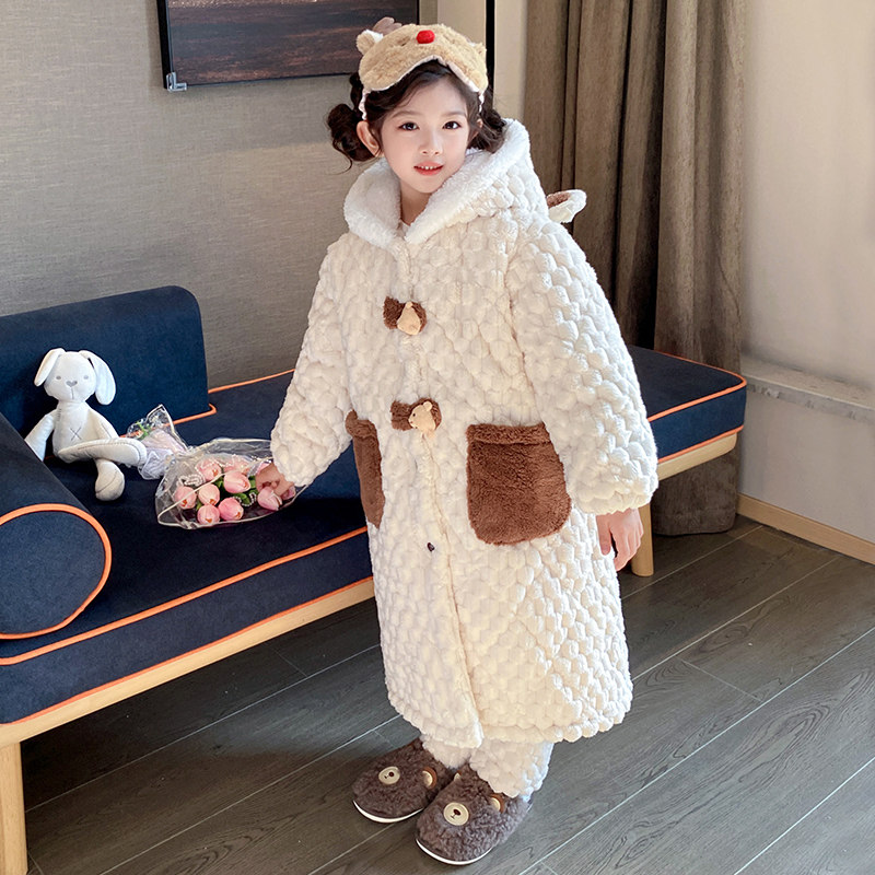 儿童睡袍睡衣裤套组冬季加厚款三层夹棉女童小孩珊瑚绒法兰绒家居