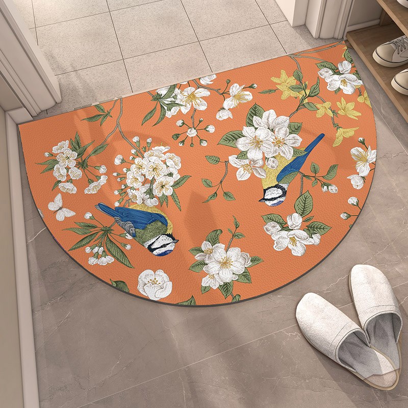 高级感美式花鸟皮革地垫半圆形pvc入户门垫玄关进门门口防滑脚垫