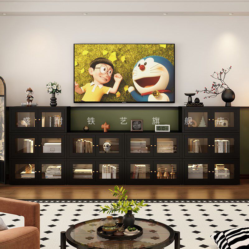 无甲醛书柜矮柜落地书架黑色复古格子组合柜边柜收纳电视柜置物架