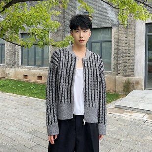 陈大富短款麻花编织撞色开衫毛衣男秋冬学院风宽松拉链针织外套潮