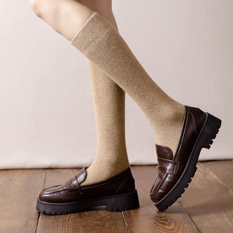 袜子女纯棉冬季加厚毛圈及膝高帮小腿保暖袜黑色长筒毛巾女袜