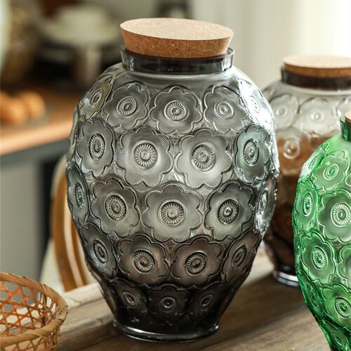 轻奢复古雕花玻璃储物罐大号圆形花罐北欧风厨房杂粮样板房饰品