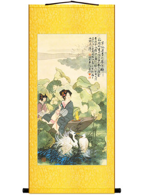 李清照词意图 古代仕女饮酒人物神像画 复古绢布卷轴挂画装饰丝绸