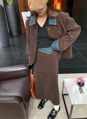 NAZ那子大码秋季撞色牛仔拼接粗花呢外套胖mm气质长短半裙套装女