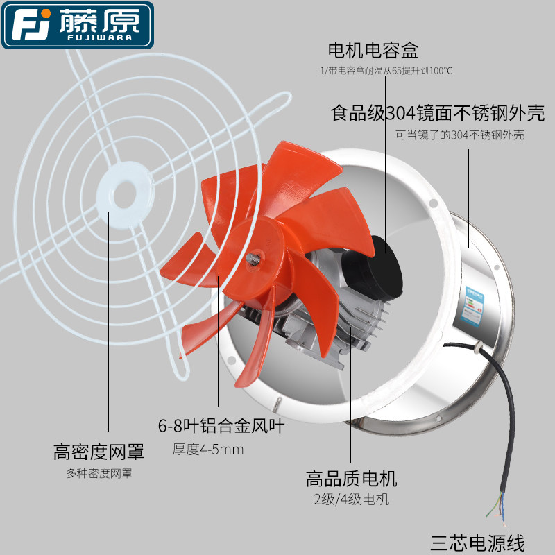 藤原管道轴流风机工业排气扇强力排风扇静音大功率不锈钢抽风机
