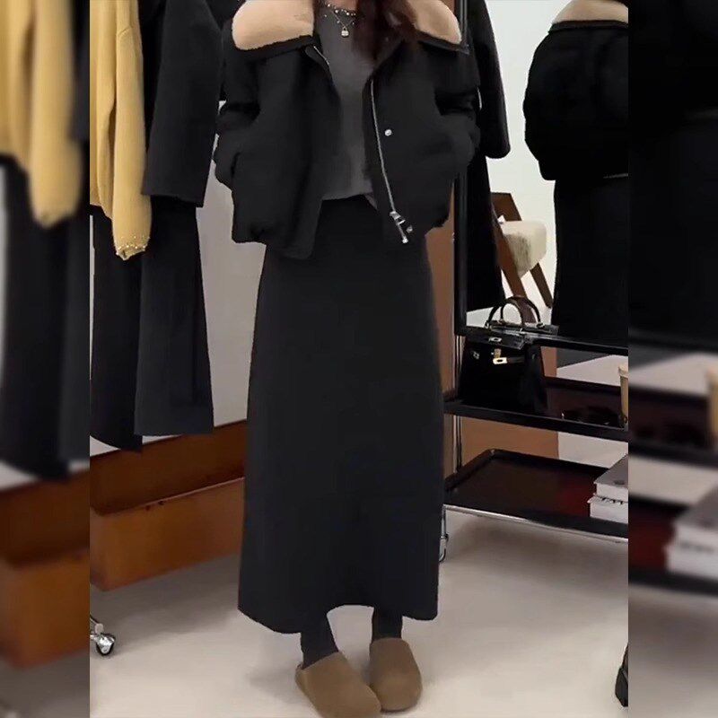 黑色气质半身裙女冬季新款大码梨形身材小个子加厚休闲直筒长裙子