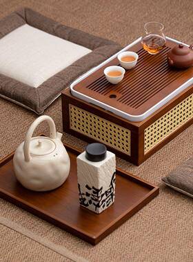 XL-03478竹制收纳盒中式复古茶配道零茶室桌面摆件收纳筐藤编茶盘