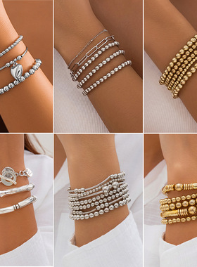 欧美跨境饰品 小众设计感爱心吊坠金属风手链 甜酷串珠叠戴手镯