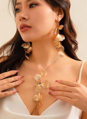 欧美小众银杏叶流苏项链甜酷风设计感跨境复古抽拉项圈饰品choker