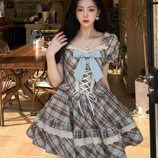 甜辣格纹绑带收腰蓬蓬连衣裙女夏日甜美清纯掐腰小个子绝美短裙子