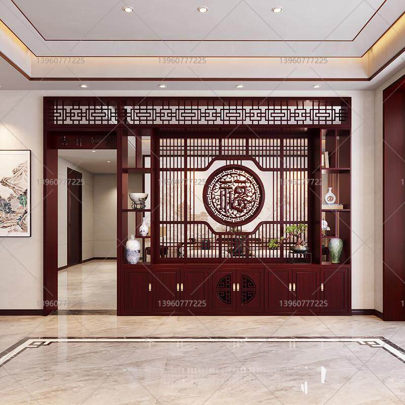乌金木新中式屏风隔断实木玄关进门入户月洞门客厅实木现代拱门