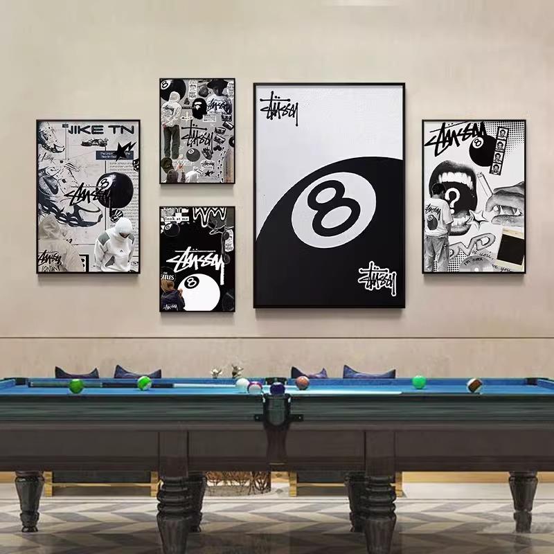 台球室会所墙面装饰画创意涂鸦新潮棋牌会所画黑色八球台球厅挂画