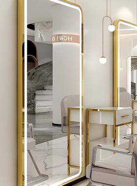 美发镜子发廊专F97769MM用挂落地面理发店台网红带灯LED单发光镜