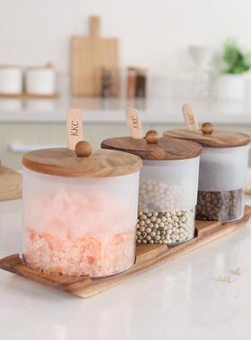 轻奢盒玻璃味瓶罐三件套木制盐罐调味房用品糖罐调味EQQ厨罐套调