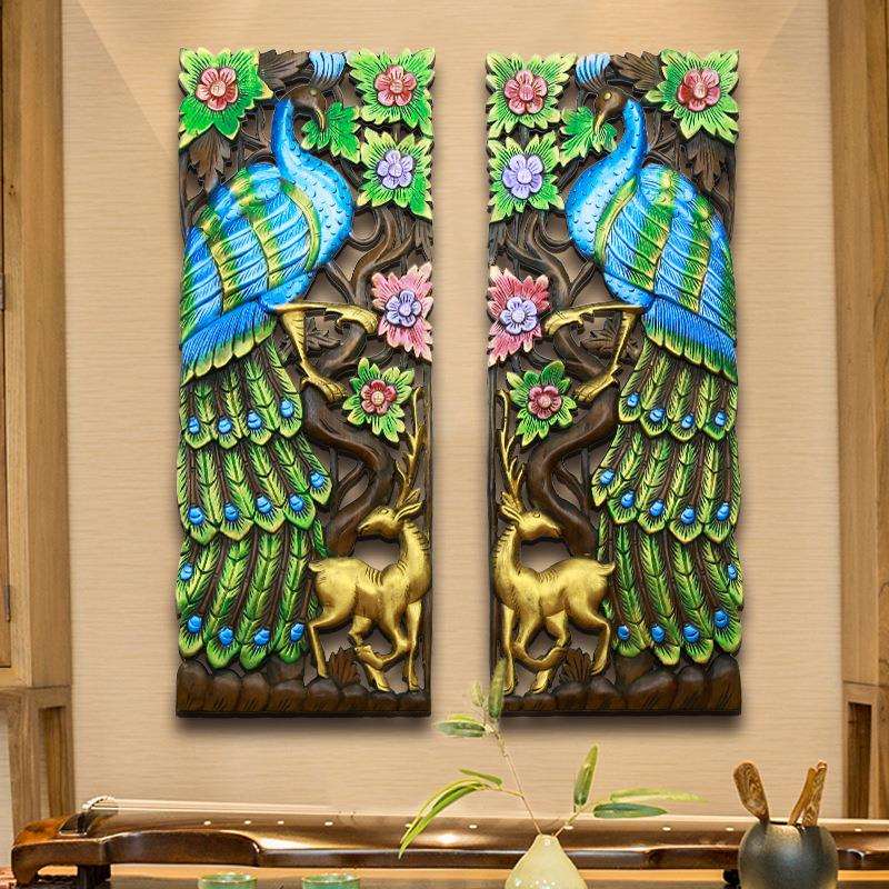 墙泰国木雕壁挂南亚风格墙面装饰挂件泰式彩孔雀绘雕花DHB00535板