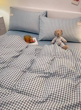 简宿约风格子四件套学生舍三件套亲肤水洗68833用笠棉床单被套床