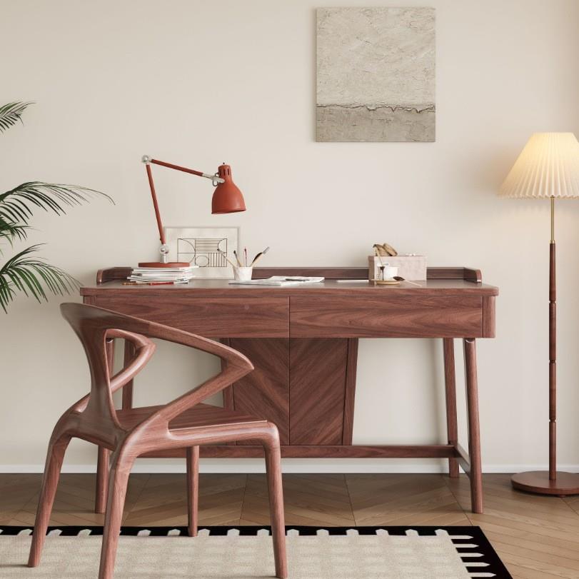 实沙家发全黑胡桃木客厅用YBB简约小户型布艺长款直排木书桌新中