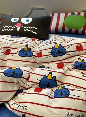 卡通爱小猫床PHO上1四件套全棉纯棉2025年款红色条纹可米5公新寓