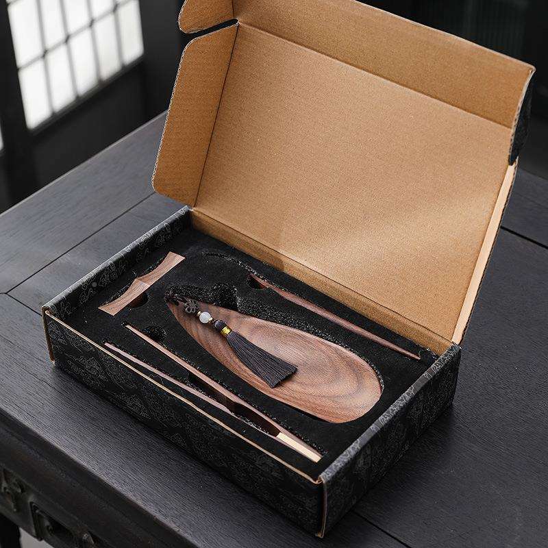 黑005檀实木木茶则四套装中茶拨茶夹茶荷件式茶艺展示茶道茶具零