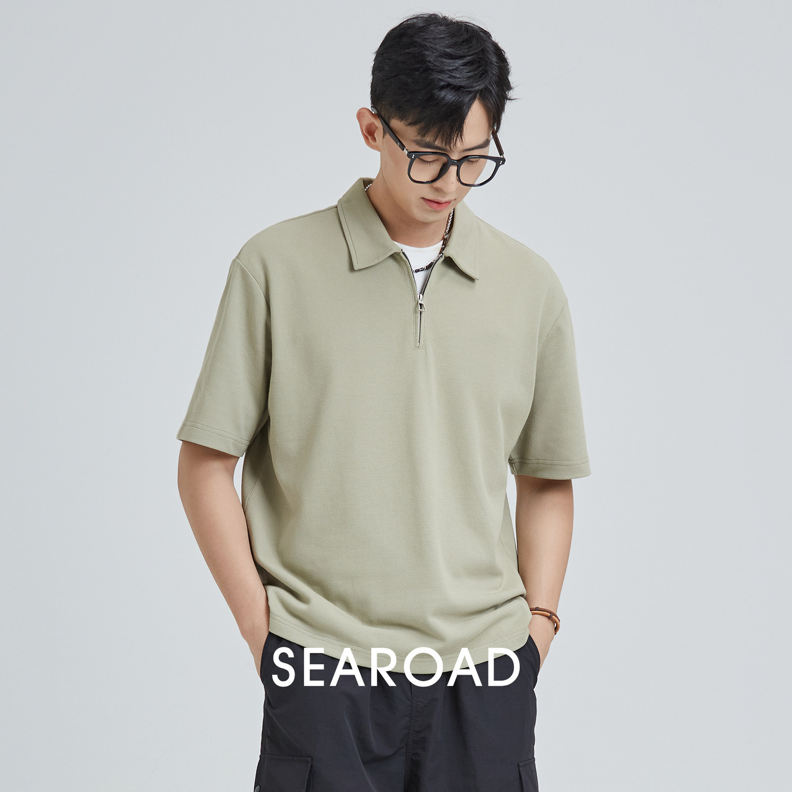 海上公路旗舰店珠地网眼透气polo衫男半拉链韩版潮流休闲上衣t恤