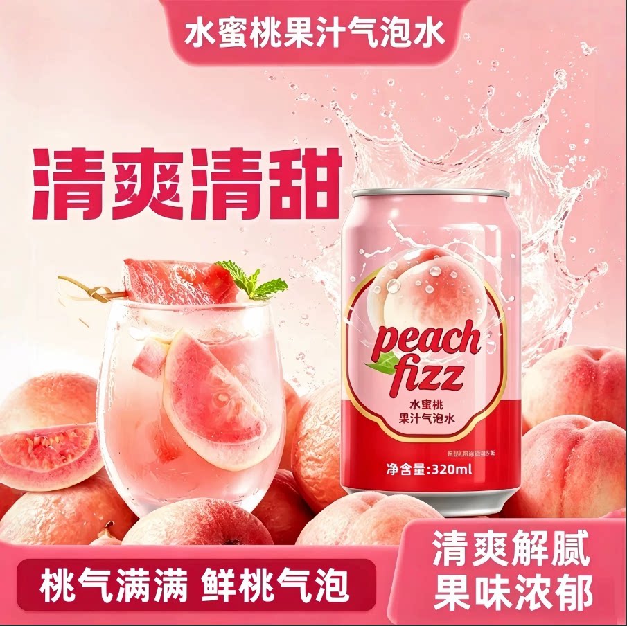 【网红新品】12罐水蜜桃果汁气泡水320ml/罐清爽解渴腻宴席商用