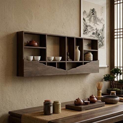 新中式实木多宝格壁挂架博古架墙上茶壶展示架茶杯架摆件置物架
