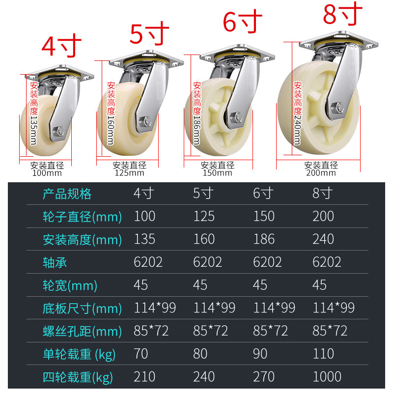 6寸静音万向轮脚轮平板车手推车轮子重型4寸5寸8尼龙轮带刹车