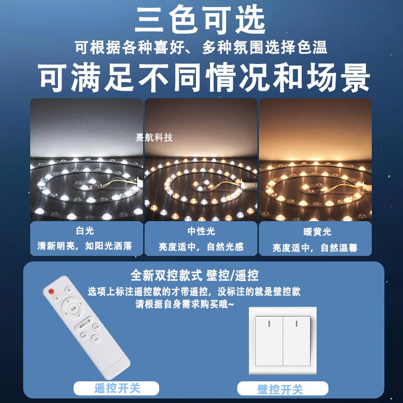 圆形吸顶灯LED灯芯替换灯珠全光谱护眼灯盘磁吸吊扇灯三色灯片