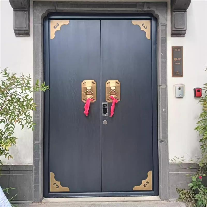 新中式徽派定制庭院门别墅大门双开门农村自建房入户门不锈钢镀铜