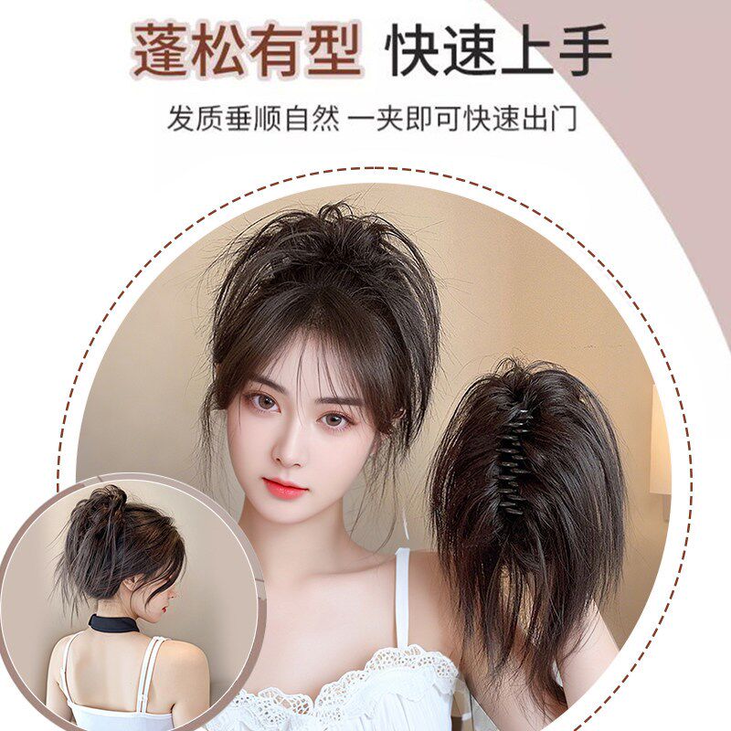 鸡窝头抓夹真发丸子头假发发圈鸡毛毽子瀑布喷泉高马尾半扎发古风