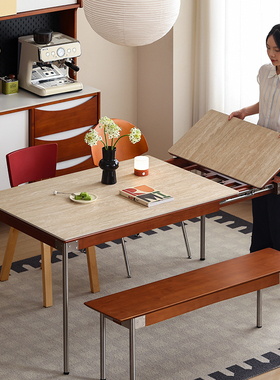 【小万家具】北欧日式洞石可伸缩岩板餐桌实木可折叠小户型餐桌椅