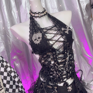 野涩猫 Y2K辣妹欧美性感朋克哥特亚文化水钻骷髅蕾丝挂脖吊带背心