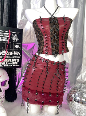 欧美Y2K千禧辣妹豹纹红色PU皮暗黑亚文化朋克背心包臀裙两件套装