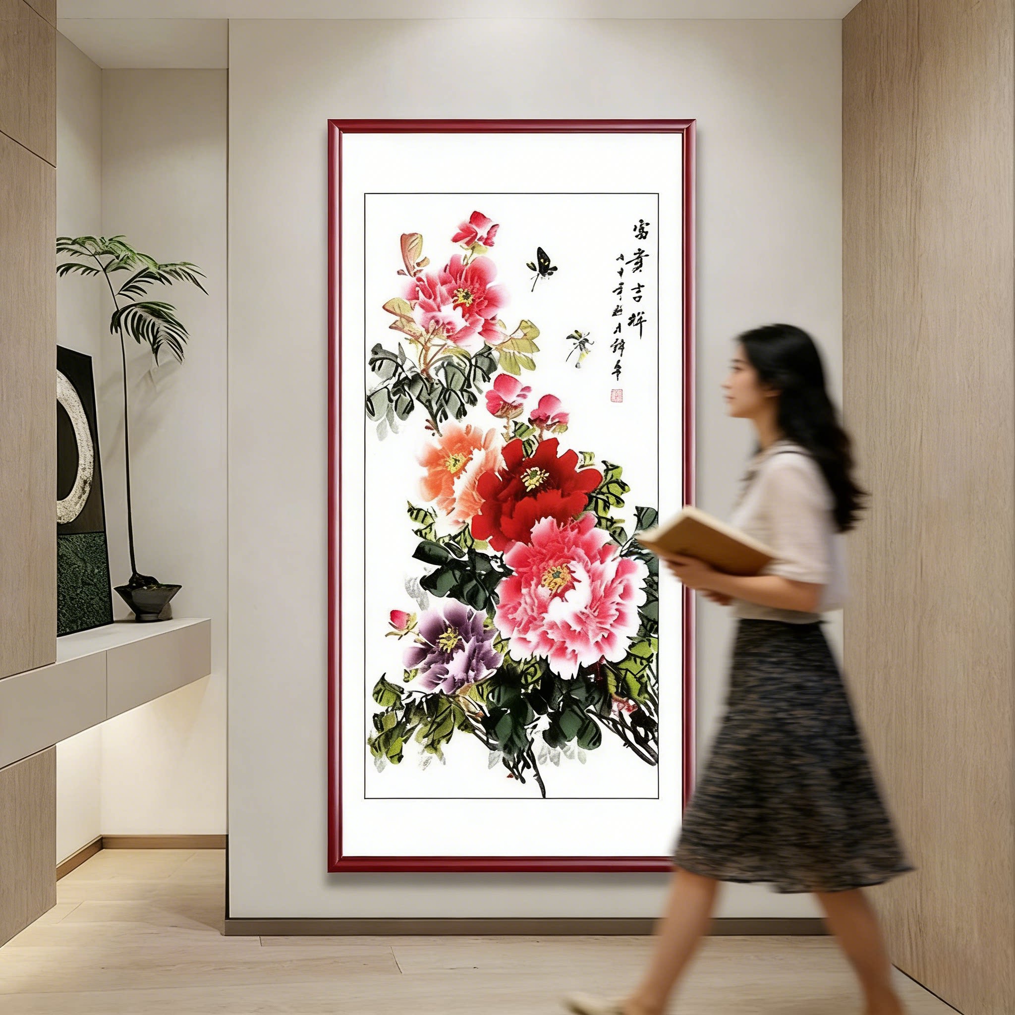 花开富贵国画牡丹画入户玄关装饰画过道走廊竖版挂画正对门花鸟图