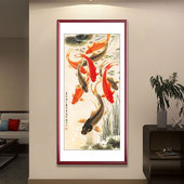 中式 饰画九鱼聚财图挂画客厅过道走廊入户壁画荷花鲤鱼国画 玄关装