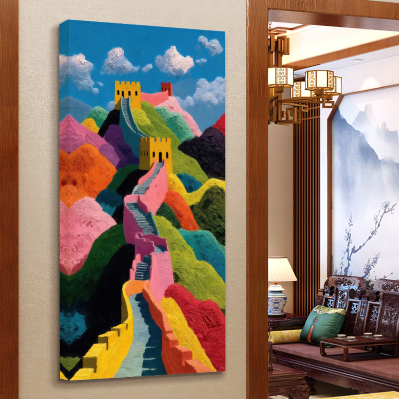 彩色肌理长城油画新中式玄关装饰画厚涂立体山峰国风入户走廊挂画
