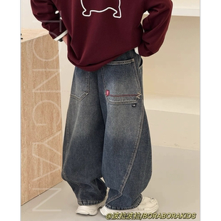 实体店儿童装男生女孩冬波拉青少年一体绒直筒裤亲子装加绒牛仔裤