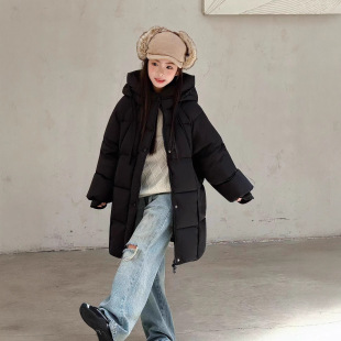 波拉韩国童装儿童羽绒服女童加厚保暖90白鸭绒连帽中长款纯色外套