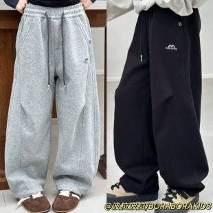 波拉韩国儿童装女生男孩中大青少年亲子冬加绒弯刀直筒卫裤休闲裤