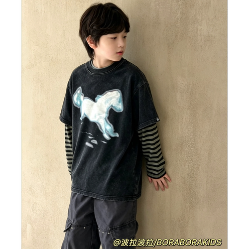 波拉bora儿童装秋季男生女孩中大青少年条纹袖假两件复古长袖T恤